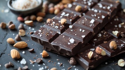 Chocolate bars sprinkled with sea salt, almonds, hazelnuts, rich texture, detailed, high-quality ingredients, gourmet scene
