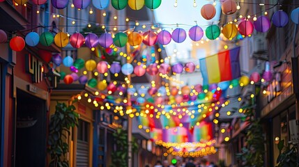 Pride-themed decorations adorning streets and buildings, creating a festive atmosphere 