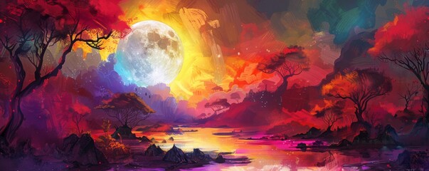 Vibrant digital painting of a mystical forest under a giant moon