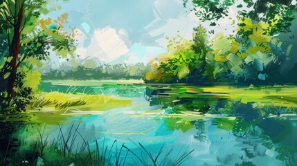 Vibrant digital artwork depicting a peaceful natural landscape with lush foliage