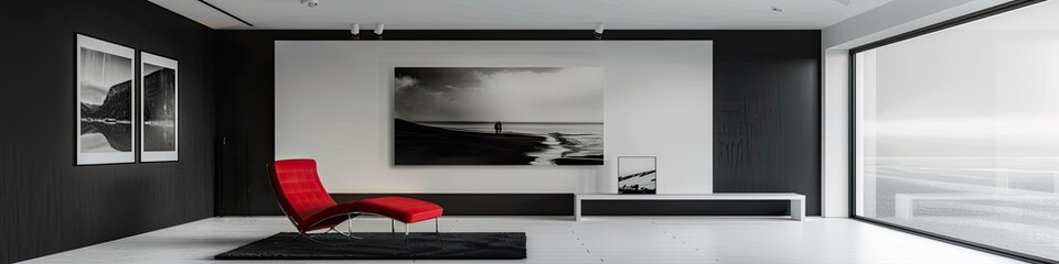 minimalist living room featuring a stark black and white color scheme