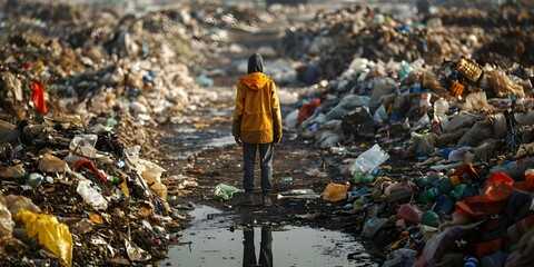 Person stands in landfill surrounded by plastic bags highlighting environmental pollution and waste management issues. Concept Environmental Pollution, Waste Management, Landfill, Plastic Bags