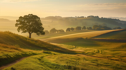 Fototapeta premium landscape of rolling hills bathed in the golden light of sunrise, with a solitary tree and a winding path leading into the horizon