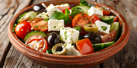 Greek salad with fresh vegetables feta cheese and black olives white plate selective focus 