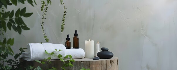 Serene Spa Setting with Essential Oils and Candles