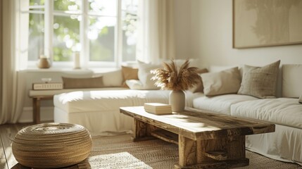 A bright, airy living room features a white sofa, rustic wooden coffee table, wicker pouf, and large window allowing sunlight to stream in.