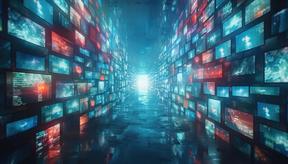 Fototapeta premium A long hallway with many screens on the walls by AI generated image