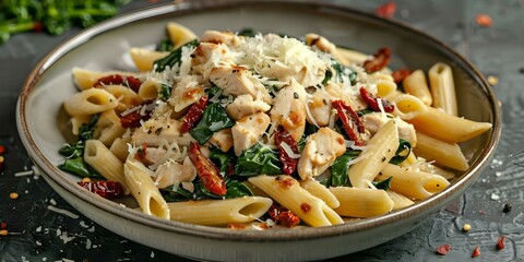 Penne pasta with chicken sundried tomatoes spinach and cheese on a plate. Concept Italian cuisine, Pasta dish, Chicken entree, Sun-dried tomatoes, Fresh spinach, Cheese garnish, Plated presentation