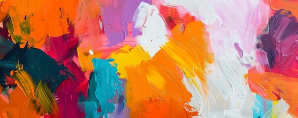 Panoramic view of a colorful abstract painting with dynamic brush strokes