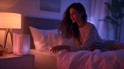 Fototapeta premium A sleepy woman in pajamas reaching out to turn on an air purifier beside her bed