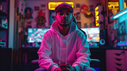 Fototapeta premium young indian man sitting on gaming chair at game computer club
