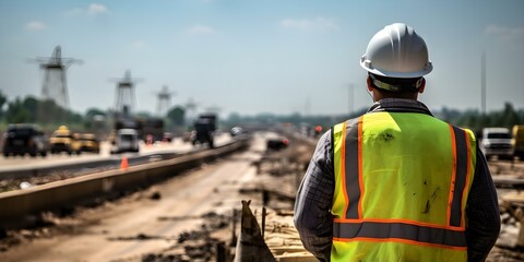 Obraz premium Civil engineer overseeing road construction for safety and quality on an expressway project. Concept Civil Engineering, Road Construction, Safety Inspection, Quality Assurance, Expressway Project