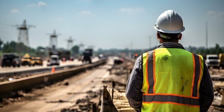 Civil engineer overseeing road construction for safety and quality on an expressway project. Concept Civil Engineering, Road Construction, Safety Inspection, Quality Assurance, Expressway Project