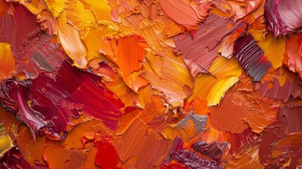 Abstract painting with rich autumn colors such as deep reds, vibrant oranges, and golden yellows