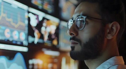 Fototapeta premium Concentrated Businessman Analyzing Data on Computer Screen in Office Environment