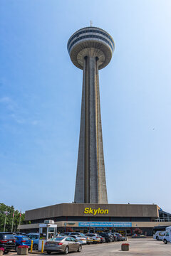 Niagara Falls, ON, Canada July 26, 2023: Skylon Tower is an observation tower  and panoramic restaurant, that overlooks both the American Falls and the larger Horseshoe Falls from the Canadian side.