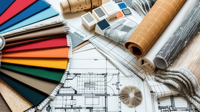 Collaborative home renovation planning with a family, featuring blueprints and color swatches