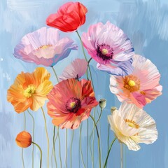 art of colorful poppy flowers in pastel colors on a blue background.