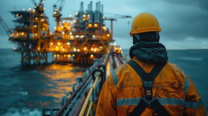 A man in a yellow jacket stands on a pier next to a large oil rig