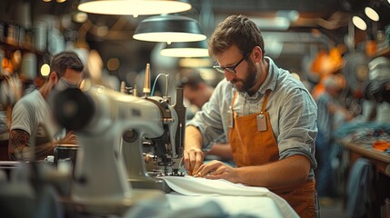 A man is sewing a shirt in a factory