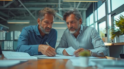 Two men are sitting at a table, one of them writing on a piece of paper