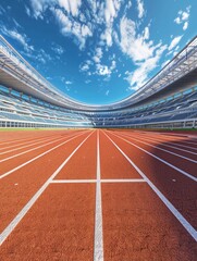 olympic running track, red surface with white stripes.