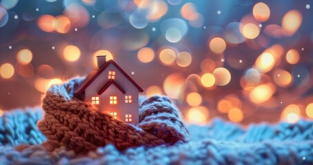 Small house in a knitted scarf on a table against a blurred background of glowing lights