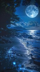 bioluminescent sea shore with a shiny moon on sky at night