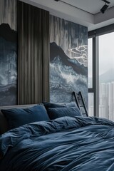 a bedroom with dark blue color bed and wall decorate with chinese painting on the background