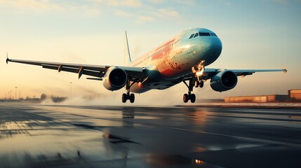 Naklejka premium Airplane taking off from runway at sunset.
