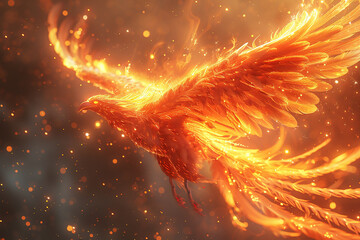 A fire phoenix rising into the dark sky