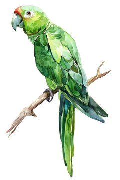 Watercolor painting of a green parrot on white background