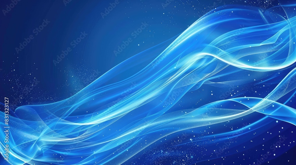 Poster hi-tech blue abstract background with flowing particle curves, creating a futuristic and innovative 