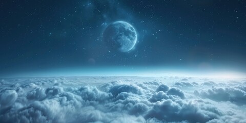 Naklejka na ściany i meble Earth in space is surrounded by clouds and fog, with a blue moon