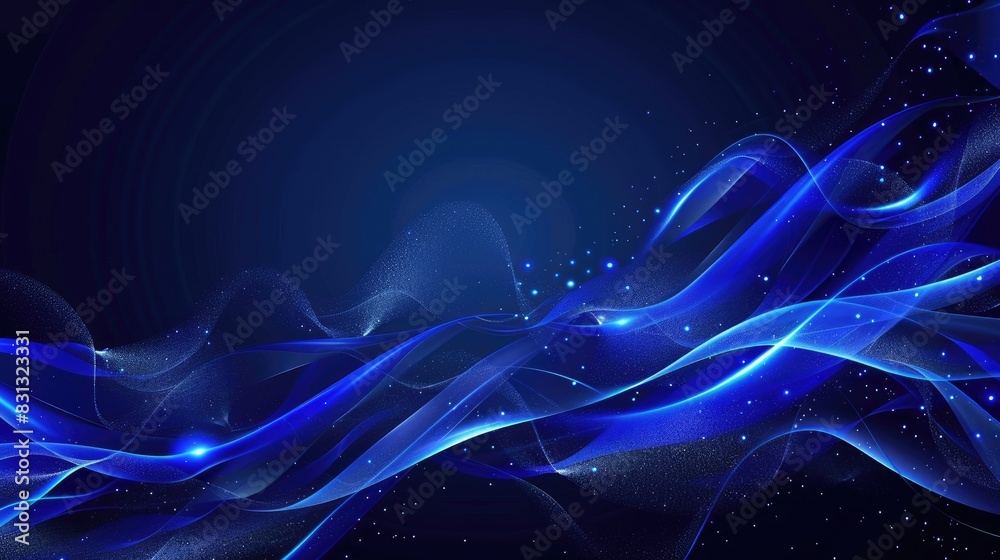 Poster hi-tech abstract blue background with flowing particle curves, creating a modern and futuristic visu