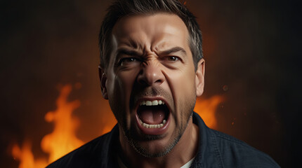 a Close-up portrait of an extremely angry adult man screaming with flames of fire in background with copy space

