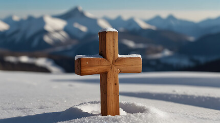 A close-up detailed image of a small wooden Christian cross in middle of snow and snowy mountains in background and copy space
