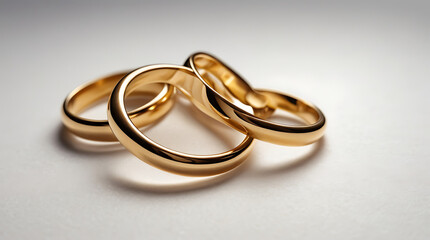 A close-up macro shot of two golden rings in a white isolated background with copy space
