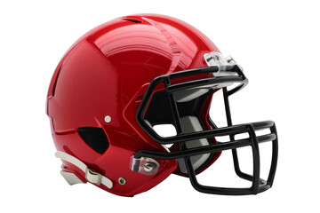 Fototapeta premium Shiny red football helmet with black faceguard on white background. Perfect for sports and safety concept images.