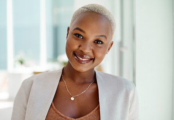 Smile, black woman or portrait in office for success, profile picture or confidence in workplace....