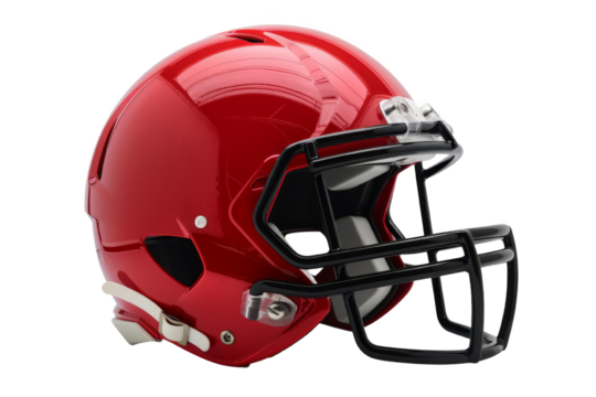 Shiny red football helmet with black faceguard on white background. Perfect for sports and safety concept images.