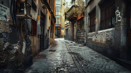 A narrow alleyway with graffiti on the walls 