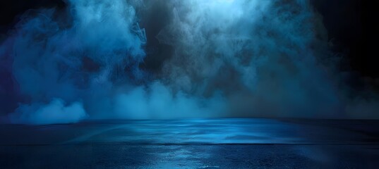 Dark Background with Blue Smoke and Mist on Asphalt Floor
