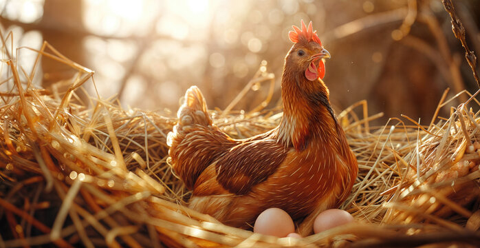 Chicken sitting in a nest with eggs in warm sunlight. - Powered by Adobe