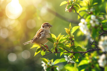 Little cute bird happily singing on blooming spring holiday season tree branch, sunshine green background, sunny weather.