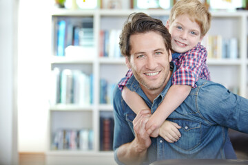 Home, father and child in portrait with piggyback for bonding, playful and enjoying together in...