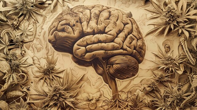 Cross-section of the human brain showing cannabis effects, steampunk style, mechanical elements, sepia tones