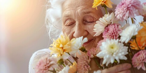 A happy senior woman with flowers in her hands on a blur background