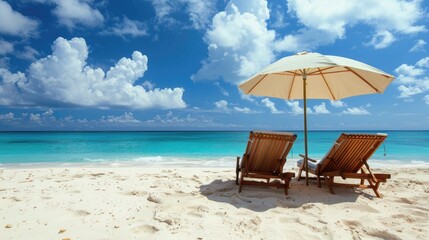 Fototapeta premium A beautiful beach background for a summer trip. Bright sun, palm tree and beach chairs on the sand against a beautiful blue sea and blue sky.