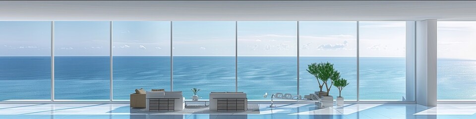 modern minimalist living room with an ocean view